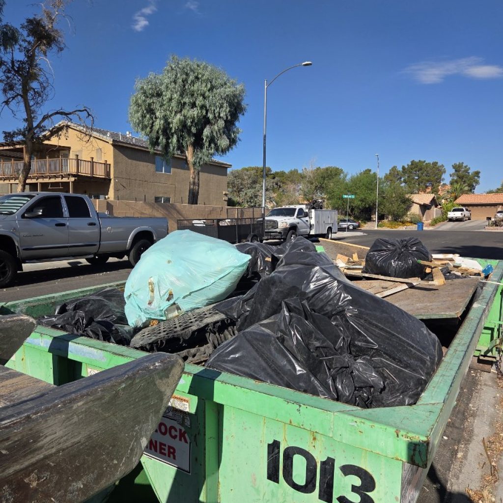 Roll-off dumpster rental delivered to a home in East Las Vegas for a residential remodeling and cleanup project.